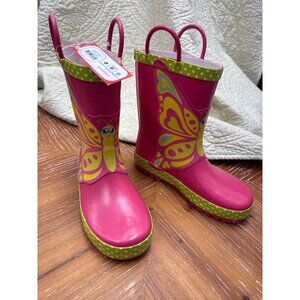 Wootie Size 13 Kids Butterfly Rain Boots Pink Green Waterproof Pull-On Polka Dot